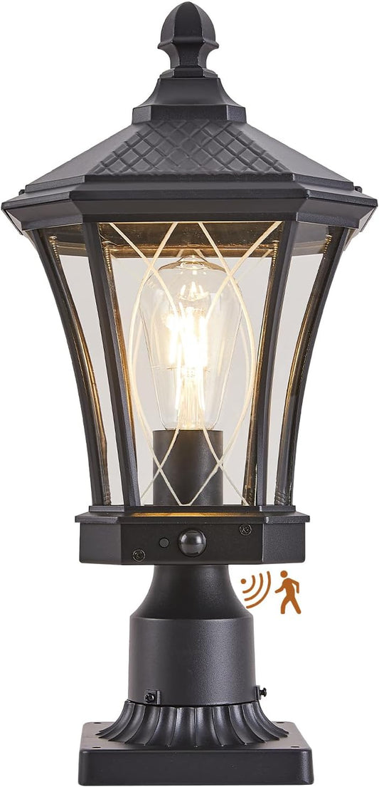 Motion Sensor Outdoor Post Lights with Pier Mount Base, Dusk to Dawn Outdoor Pillar Lamps Waterproof Exterior Post Lamp with Patterned Glass Outdoor Pole Lights for Patio, Porch, Gate-VerdiqueGarden