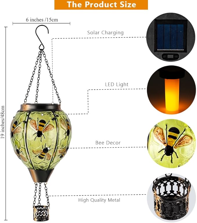 Starsoul Hot Air Balloon Solar Lantern Bee Glass Hanging Outdoor Hot Air Balloon Solar Flickering Flame Light Waterproof Garden Patio Yard Party Decorations-VerdiqueGarden