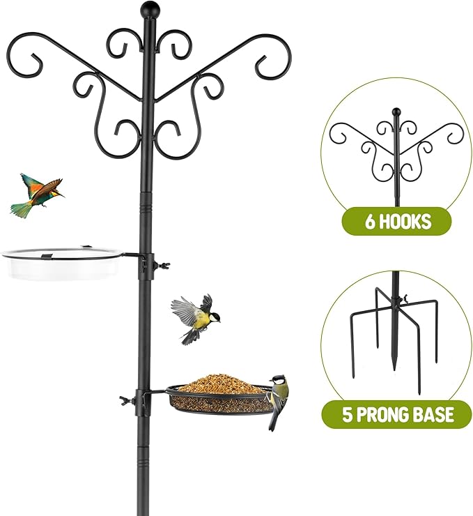 MIXXIDEA Bird Feeding Station Bird Feeder Pole with 5-Prong Base Hanging Hooks Water Bath Mesh Tray Wind-Resistant Water Bowl with Metal Snap Fastening for Outdoors to Attract Wild Birds-VerdiqueGarden