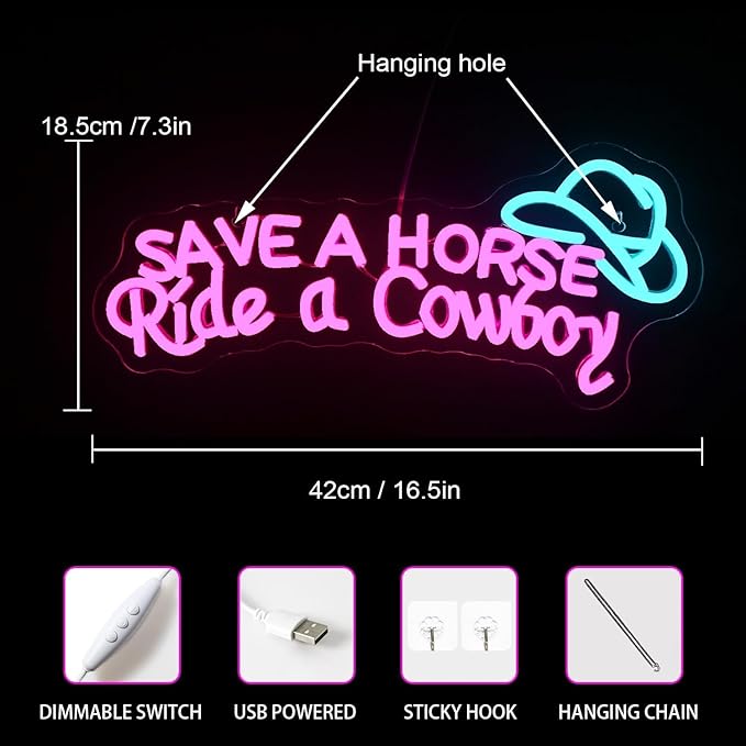 WLHOPE Save A Horse Ride A Cowboy Neon Sign Adjustable Brightness Led Sign,Neon Signs for Wall Decor,Connectivity Via USB Licked Neon Light for Bedroom Home Bar Club Hotel Party Decor-VerdiqueGarden
