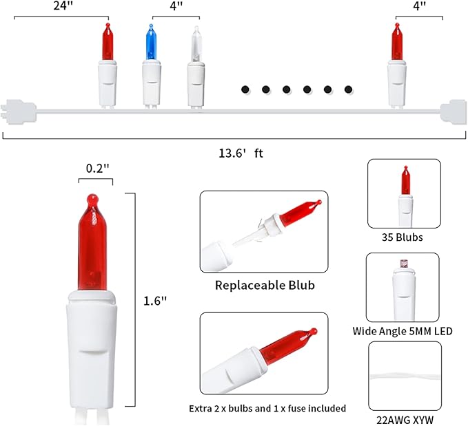 Red White and Blue LED Christmas Lights - 35 Count 4th of July String Lights for Small Tree, Crafts, Independence Day Patriotic Decorations, 11 Feet White Wire, UL Certified, Connectable-VerdiqueGarden