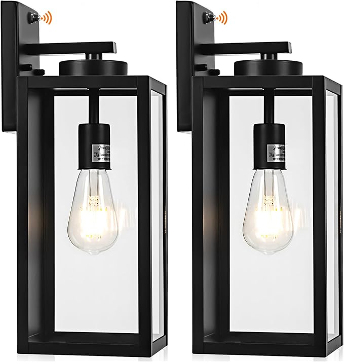 16-inch Dusk to Dawn Outdoor Wall Light Fixture, Large Black Exterior Wall Lantern Waterproof, Farmhouse Porch Sconce Lighting, Modern Wall-Mounted Outside Lights for House Garage, Patio Lamp, 2 Packs-VerdiqueGarden