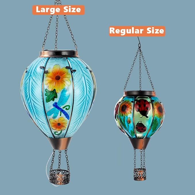 Starsoul Large Solar Hot Air Balloon Lantern with Flame Dragonfly Glass Hanging Outdoor Hot Air Balloon Solar Light Waterproof Garden Patio Yard Party Decorations-VerdiqueGarden