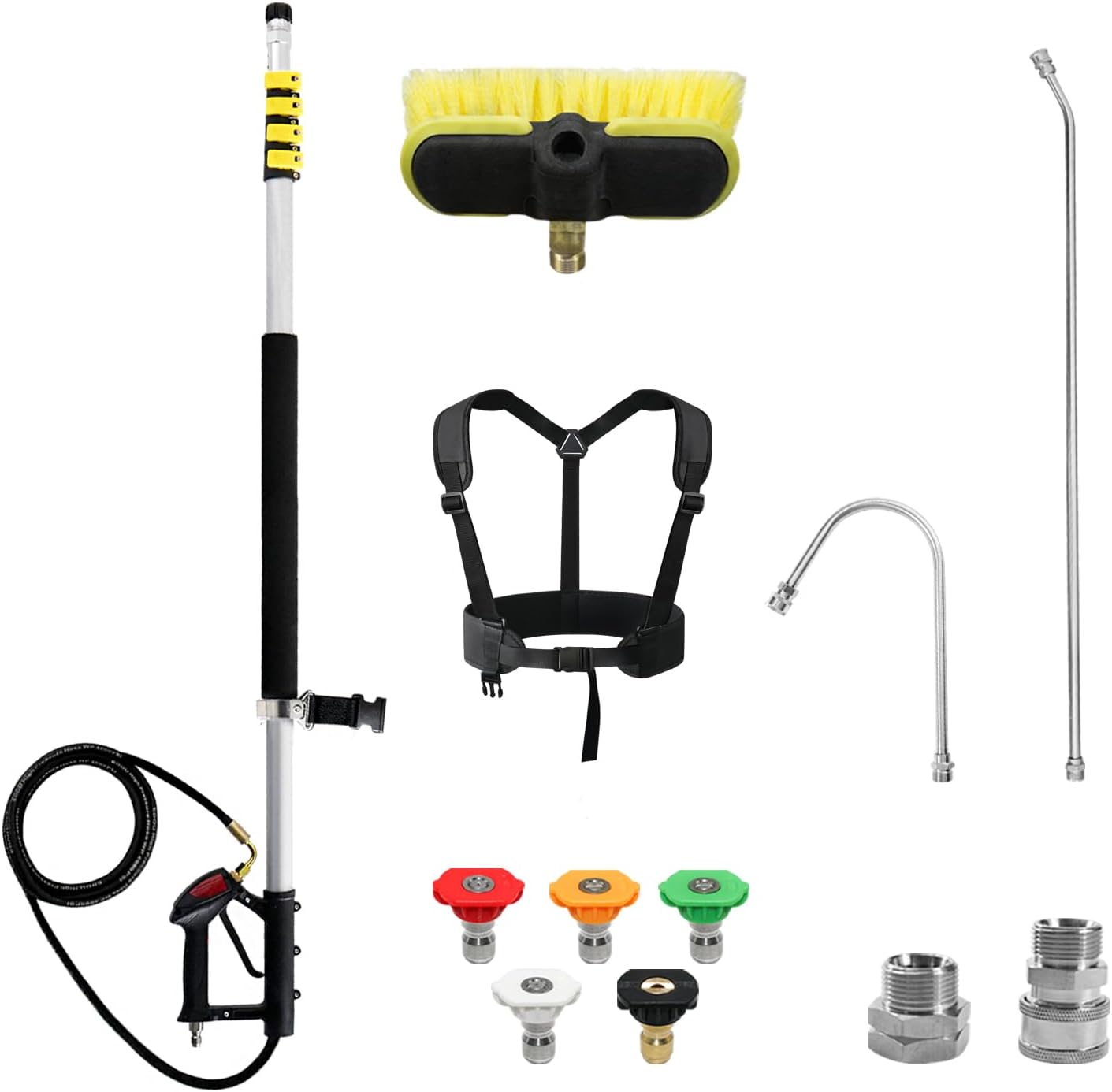 RAYNEL 24FT Telescoping Pressure Washer Extension Wand with Brush Head,Power Washer Extension Wand,Gutter Cleaner Attachment,5 Spray Nozzle Tips,Support Belt and 2 Hose Adapters-VerdiqueGarden