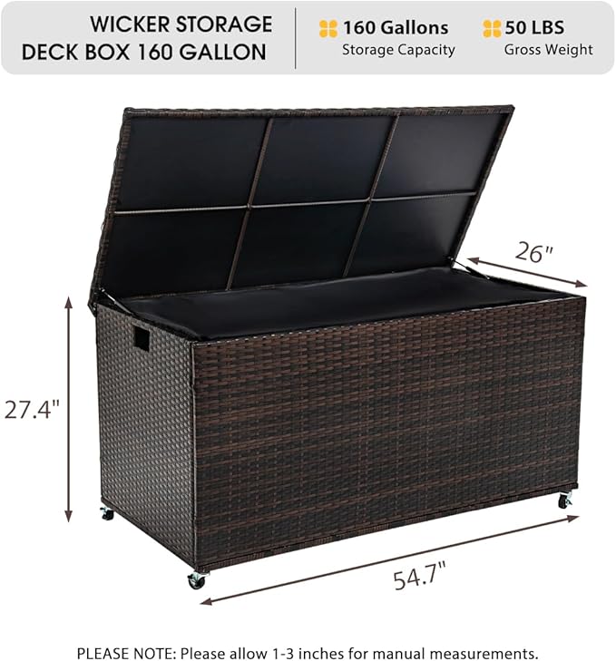 Outdoor 170 Gallon Water-Resistant Wicker Storage Box with Wheels, PE Rattan Deck Box with Waterproof Liner for Outside, Patio Storage Container with Hinged Lid, Horizontal Bin, Brown-VerdiqueGarden