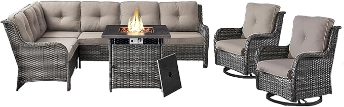 Outdoor Sectional Sofa Furniture Set with Propane Fire Pit Table, Wicker Patio Conversation Set with 2 Swivel Glider Rocker Chairs Grey Cushion Perfect for Backyard Casual Gathering-VerdiqueGarden