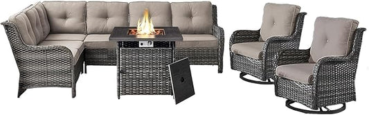 Outdoor Sectional Sofa Furniture Set with Propane Fire Pit Table, Wicker Patio Conversation Set with 2 Swivel Glider Rocker Chairs Grey Cushion Perfect for Backyard Casual Gathering-VerdiqueGarden