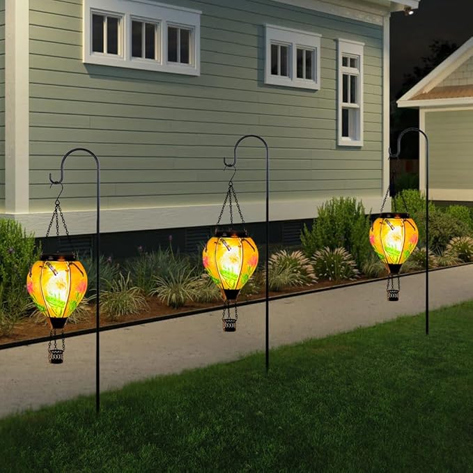 Starsoul Starsoul Dragonfly Hot Air Balloon Solar Lantern Glass Outdoor Hanging Hot Air Balloon Solar Flickering Flame Light Waterproof Garden Patio Yard Party Decorations-VerdiqueGarden