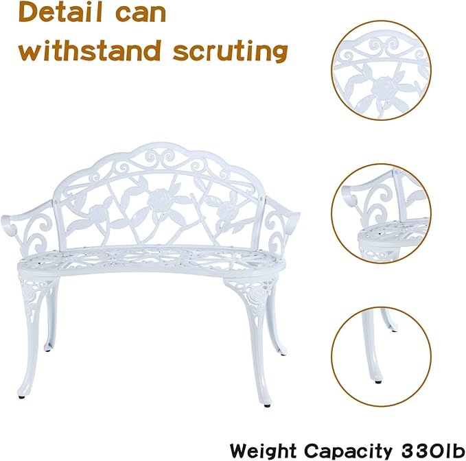 JARDIN DE CENTENNIAL Patio Garden Bench Metal Park Bench Cast Aluminum Outdoor Furniture with Floral Rose for Patio,Park,Lawn,Yard (White)-VerdiqueGarden