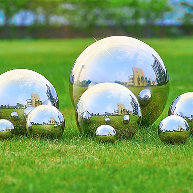 Nerien Gazing Ball, Stainless Steel Garden Mirror Globe, Polished Ornament Sphere, Hollow Floating Reflective Hemisphere, for Home Outdoor Pond Housewarming Swimming Pool Decoration, Silver, 10Pcs-VerdiqueGarden