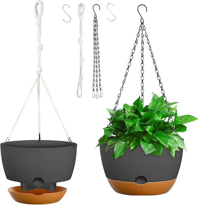 10 Inch Hanging Planters for Indoor & Outdoor Plants (2 Pack) - Self-Watering & Drainage Flower Pots with 2 Kinds of Plant Hangers for Home Decor & Garden (Deep Gray, 10 in)-VerdiqueGarden