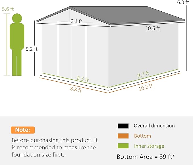 Outsunny 11' x 9' Outdoor Storage Shed, Garden Tool Metal Shed with Foundation Kit, Double Lockable Door, Air Vents and Sloping Roof, for Backyard, Patio, Lawn, Gray-VerdiqueGarden
