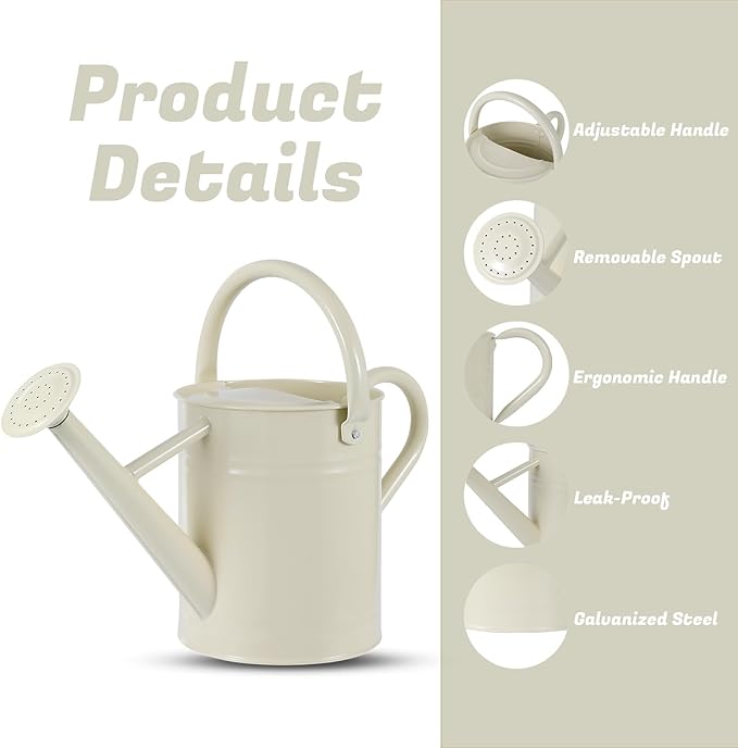 1 Gallon Watering Can for Plants, Watering Cans for Indoor&Outdoor Gardening, Galvanized Steel Watering Pot with Removable Spout, Metal Water Can with Ergonomic Movable Handle(White)-VerdiqueGarden
