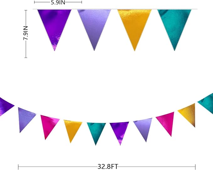 Colorful Party Decorations Hot Pink Teal Purple Metallic Fabric Triangle Pennant Banner Flag Bunting for Fiesta Carnival Rainbow Multi-color Birthday Wedding Baby Shower Holiday Outdoor Party Supplies-VerdiqueGarden