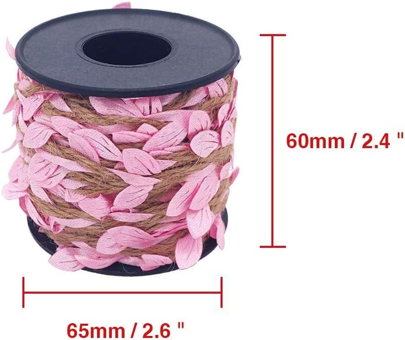Burlap Leaf Ribbon 2 Rolls 66 Feet 5mm Jute Burlap Twine Vine with Artificial Leaves for Crafts Jungle Garland Party Wedding Garden Home Decoration Pink-VerdiqueGarden