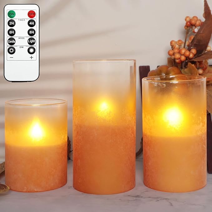Orange Flameless Candles - Battery Operated Candles with Remote Orange Glass Sandblasted Design Wax Unscented - Centerpieces for Dinner Table Tray House Warming Thanksgiving Gifts-VerdiqueGarden