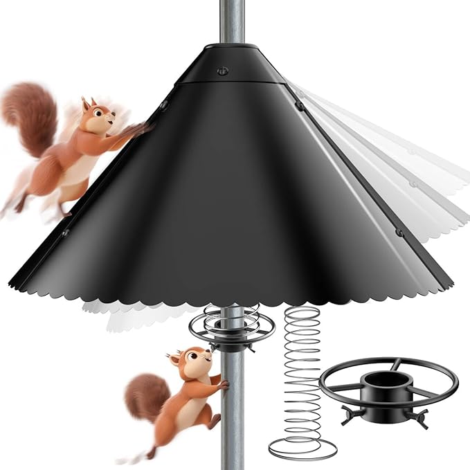 Metal Squirrel Baffle - Heavy Duty Squirrel Baffle for Bird Feeder Pole - Chew Proof Squirres Guard with Spring for Better Defense, Outside Pole Mount for Bird Feeder, 19 Inch-VerdiqueGarden
