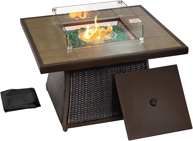 42" Outdoor Fire Pit Table for Patio, Propane Fire Pit Coffee Table with Square Base Patio Heater, CSA Certified, 50,000 BTU Stainless Steel Burner-VerdiqueGarden