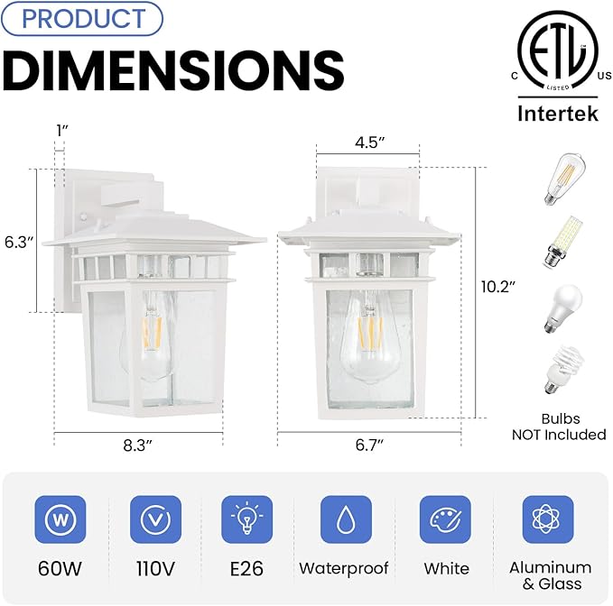 Outdoor Wall Lantern, Exterior Lighting Fixtures Wall Mount, 2 Pack White Outdoor Sconces with Seeded Glass, Exterior Porch/Patio Lights for House Front Door Garage-VerdiqueGarden