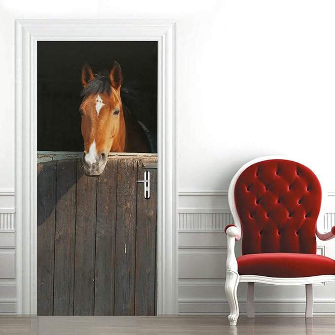 Horse 3D Door Stickers Murals - Peel & Stick - Waterproof & Washable - Matt Finish - Realistic Style - Adults - Wall & Door - 35.4" x 78.7"-VerdiqueGarden