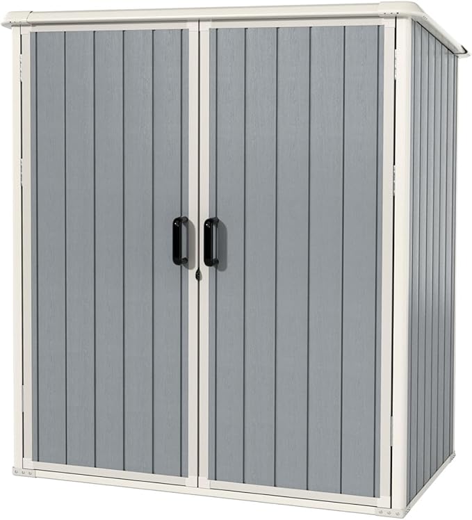 Aoxun Outdoor Storage Shed 5 x 3FT, Resin Shed with Floor and Lockable Door, Plastic Sheds for Garbage Can, Tool, Accessories, Lawn, Garden - Grey-VerdiqueGarden