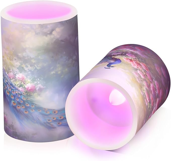 Flickering Flameless Candles, Peacock Flowers LED Candles with Remote Timer, Set of 2 Battery Operated Candle for Valentine Wedding Birthday-VerdiqueGarden
