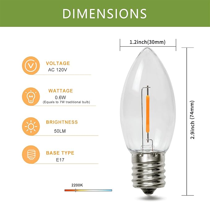 Waterproof C9 Replacement LED Light Bulbs –0.6W Equivalent to 7W, White Warm 2200K Outdoor String Lights E17 Base LED Light Bulbs, Clear Plastic, 25Pack-VerdiqueGarden