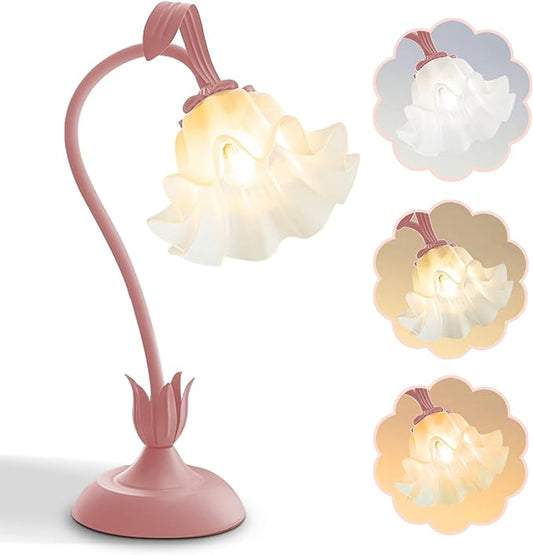 Flower Table Lamp,LED Reading Light Bedside Vintage Flower Night Light,3 Colors Modes Kawaii Bedside Lamps Decor,Living Room Bedroom Room Lighting Table Lamps Home Decoration (Pink)-VerdiqueGarden