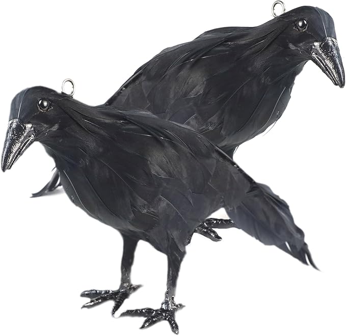 Hanging Dead Crows, 13 Inches Life-Size Raven, Realistic Handmade Fake Decoy for Garden Christmas Halloween Decorations [Face Up+Face Down+Stand] 2PC-VerdiqueGarden