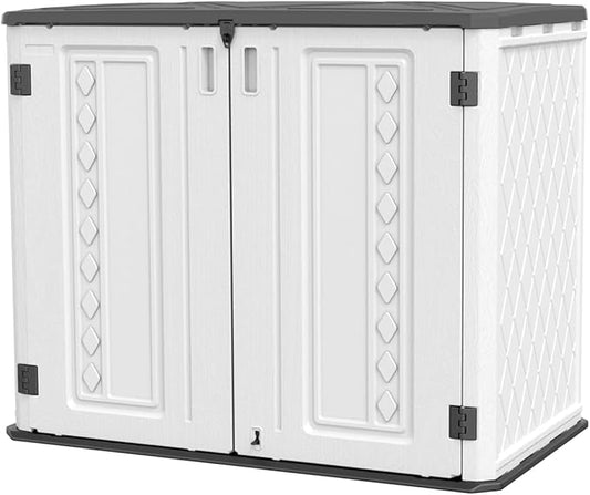 KINYING Outdoor Storage Shed-Horizontal Storage Cabinet Waterproof for Garden, Patios, Backyards, 35 Cu.ft Resin Tool Shed for Garbage Cans, Small Tools, Lawn Mower,Off-White Color-VerdiqueGarden