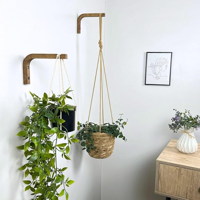 2-Piece Set of Plant Hooks for Wall 6 Inch - Mounted Wooden Plant Hook - Indoor and Outdoor Bracket Plant Hanger for Planters, Lanterns, Bird Feeders, Patio Decorations (Walnut)-VerdiqueGarden