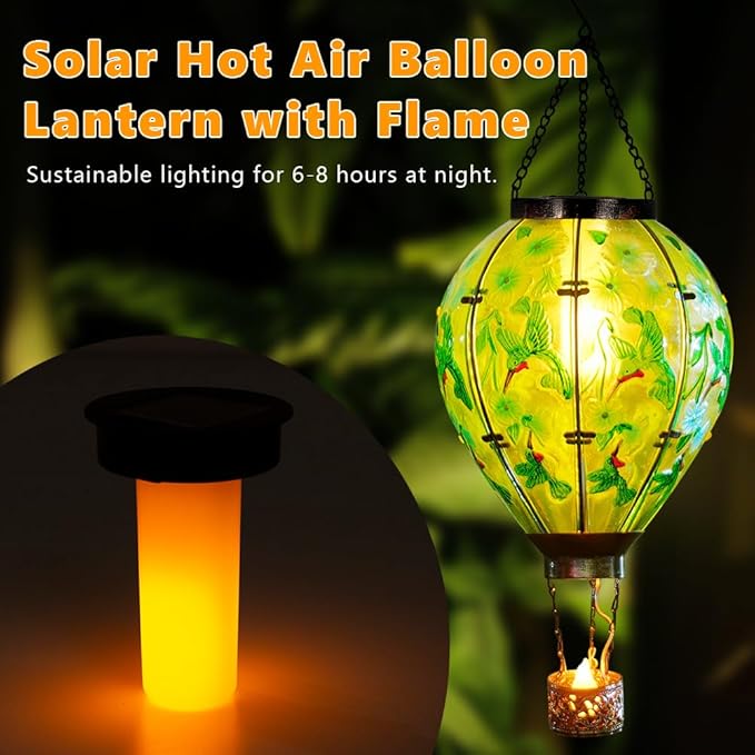 Starsoul Extra Large Solar Hot Air Balloon Lantern with Flame Hummingbird Glass Outdoor Hanging Hot Air Balloon Solar Light Waterproof Garden Patio Yard Party Decorations-VerdiqueGarden
