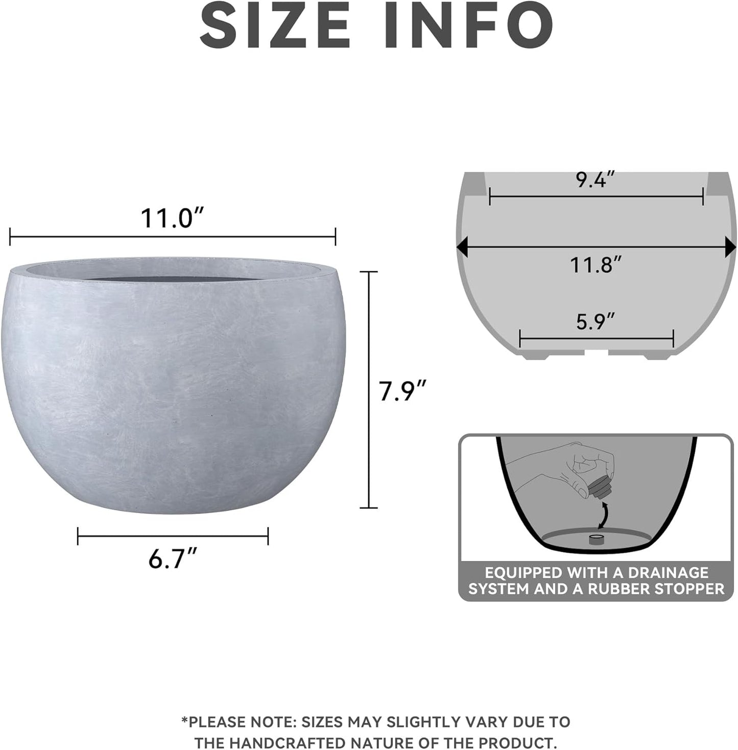 Kante 11.8" Dia Round Concrete Planter, Outdoor/Indoor Large Bowl Plant Pots with Drainage Hole and Rubber Plug for Garden Patio Balcony Home, Gray-VerdiqueGarden