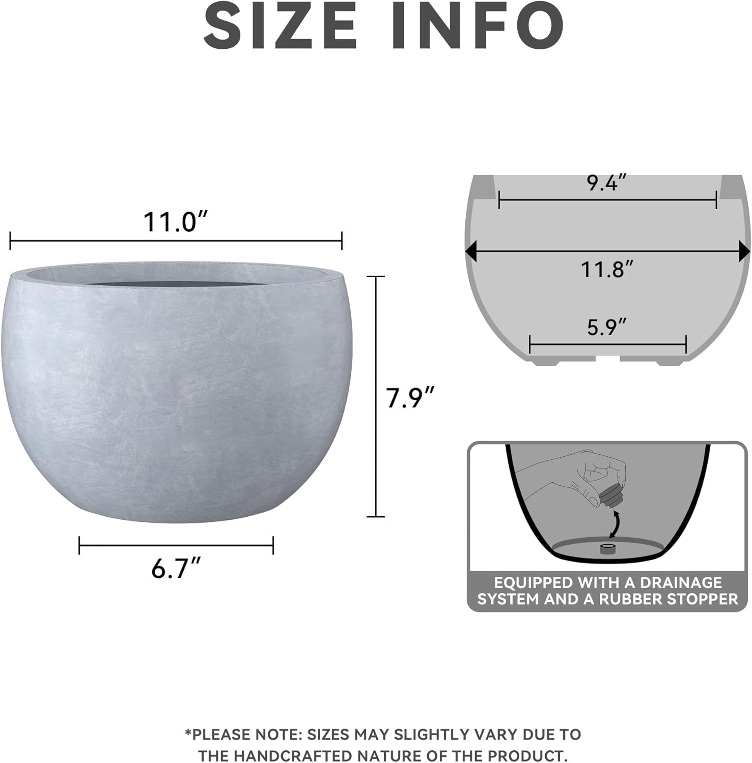 Kante 11.8" Dia Round Concrete Planter, Outdoor/Indoor Large Bowl Plant Pots with Drainage Hole and Rubber Plug for Garden Patio Balcony Home, Gray-VerdiqueGarden