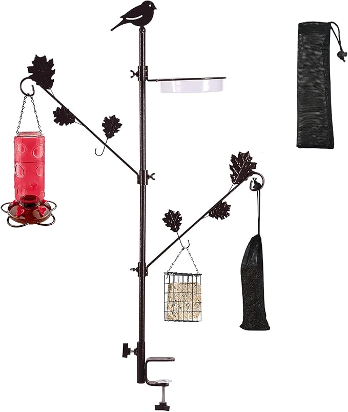 Urban Deco Deck Pole Porch Multi-Hook Bird Feeder Hooks for Deck Kit with Feeder Polyester and with 2 Adjustable Branches and Plastic Water Bowl-VerdiqueGarden