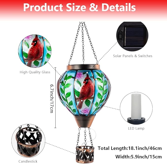 Starsoul Cardinal Hot Air Balloon Solar Flickering Flame with Candle Holder Outdoor Solar Lantern Hot Air Balloon Solar Light Waterproof Hanging Solar Balloon Lamp Garden Patio Yard Decor-VerdiqueGarden