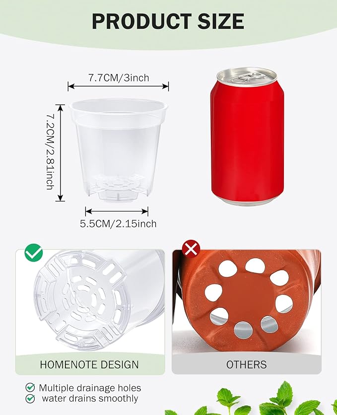 homenote Clear Nursery Pots for Plants,3 Inch Plant Pot for Planting Plastic Seedling with Drainage Holes Seed Starter Flower High Transparency with 20 Labels (60 Pack)-VerdiqueGarden