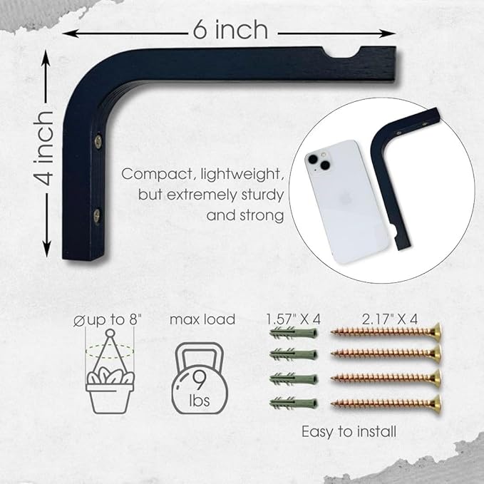 2-Piece Set of Plant Hooks for Wall 6 inch - Mounted Wooden Plant Hook - Indoor and Outdoor Bracket Plant Hanger for Planters, Lanterns, Bird Feeders, Patio Decorations (Black)-VerdiqueGarden