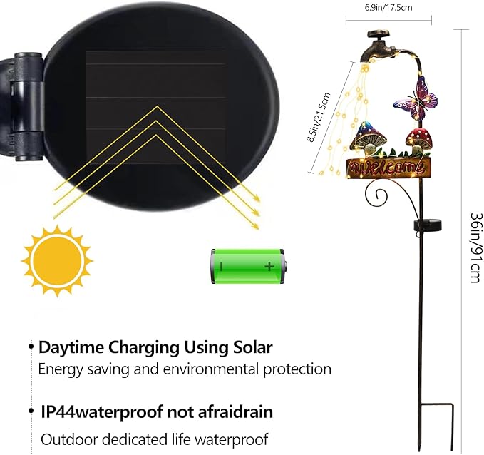 2 Pack 'Welcome' Mushroom & Butterfly Solar Yard Lights - Outdoor Solar Lights for Yard Decorative, Garden Decor Lawn Ornaments, Unique Decorative Garden Stakes for Pathways-VerdiqueGarden