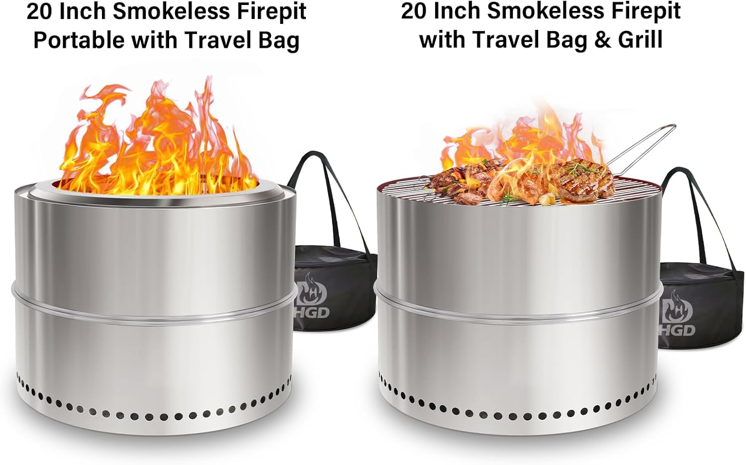 HGD 20 inch Smokeless Firepit Outdoor, Portable Smokeless Fire Pit for Camping with Travel Bag, Stainless Steel Wood Burning Stove for Backyard & Patio, Easy Setup & Compact Storage-VerdiqueGarden