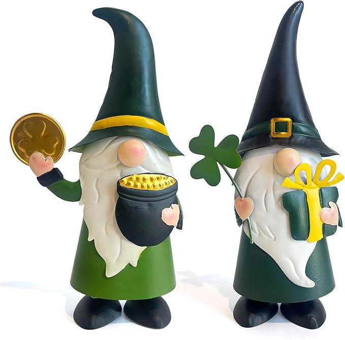 HONGLAND St. Patricks Day Decorations Outdoor Green Gnomes, Metal Gnomes Figurine Irish Leprechaun St Patricks Day Decor, Luck Shamrock Gnome for Home Outside Garden Lawn Party Yard Patio (14 INCH)-VerdiqueGarden