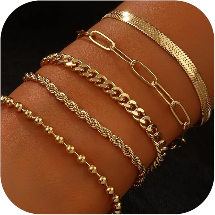 Gold Bracelets for Women, 18K Gold Plated Dainty Paperclip Link Chain Bracelets Thin Cute Stackable Bracelet Pack Fashion Accessories Gifts for Women