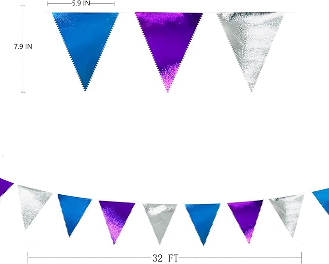Frozen Party Decoration Purple Blue Silver Metallic Fabric Triangle Pennant Banner Flag Bunting Garland for Frozen Winter Wonderland Christmas Birthday Wedding Baby Shower Bridal Shower Party Supplies-VerdiqueGarden