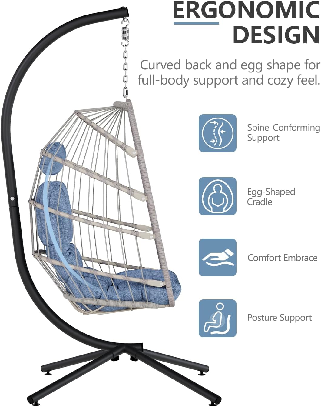 SWITTE Egg Chair Outdoor with Stand, Indoor Wicker Hanging Egg Swing Chair with Cushion, 350lbs Capacity for Patio, Bedroom, Garden - Light Blue-VerdiqueGarden