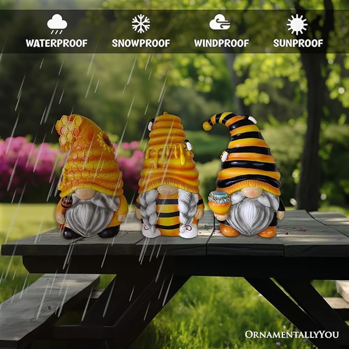 Spring & Summer-Themed Garden Statues – Adorable Outdoor Decor for Lawn, Patio & Porch (Buzzy Trio Set of Three Bumble Bee Gnome Figurines, 6" Tiered Tray Home or Garden Decoration)-VerdiqueGarden