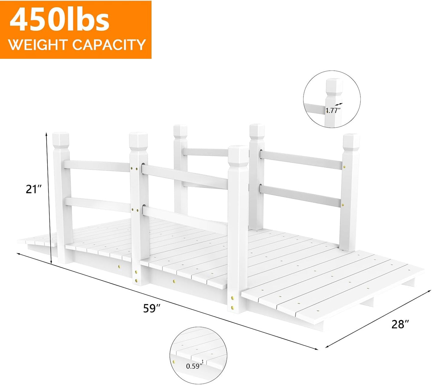 VINGLI Garden Bridge, Classic Wooden Arch with Safety Rails Footbridge (White, 5 ft)-VerdiqueGarden