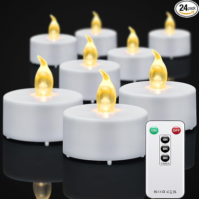 Tea Light Candles with Remote Control,24pack Flickering Flameless LED Candle,Long Lasting 400+Hours,Battery Operated with Timer for Home Decoration Seasonal &Festival Celebration WarmYellow-VerdiqueGarden
