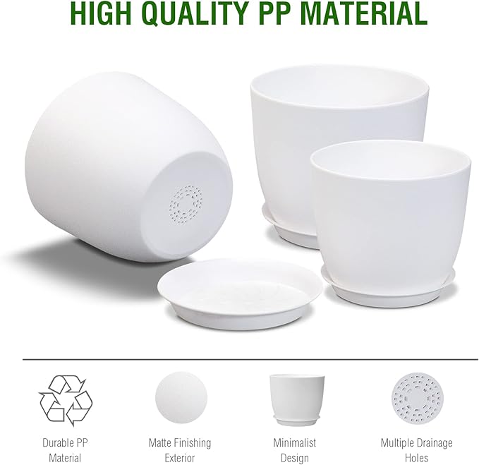 10/9/8 inch Medium Flower Pots, 3 Pack Modern Decorative Plastic Planters with Drainage Holes and Tray, Plant Pots for Indoor Outdoor Plants, White-VerdiqueGarden