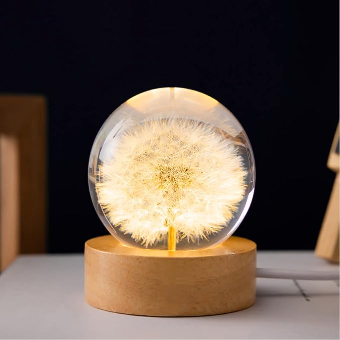 Flower Crystal Ball Night Light,2.4 inch Glass Ball Night Lamp with Woodern Base (Dandelion)-VerdiqueGarden