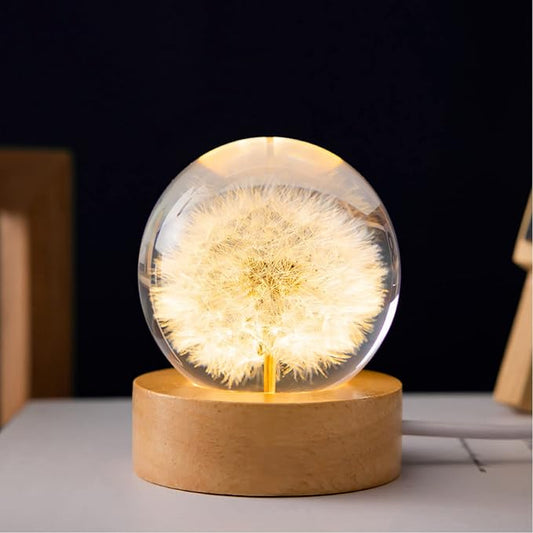 Flower Crystal Ball Night Light,2.4 inch Glass Ball Night Lamp with Woodern Base (Dandelion)-VerdiqueGarden